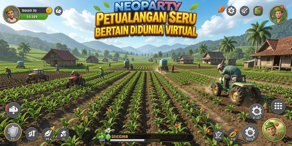 Tangkapan layar utama NEOPARTY yang menunjukkan kegiatan bertani yang seru.
